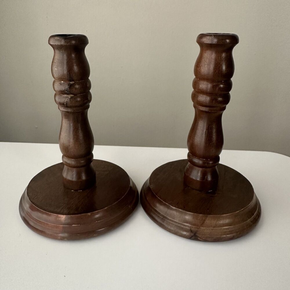Vintage Pair Brown Wood Taper Candlestick Holders Rustic Cabin Decor Set of 2